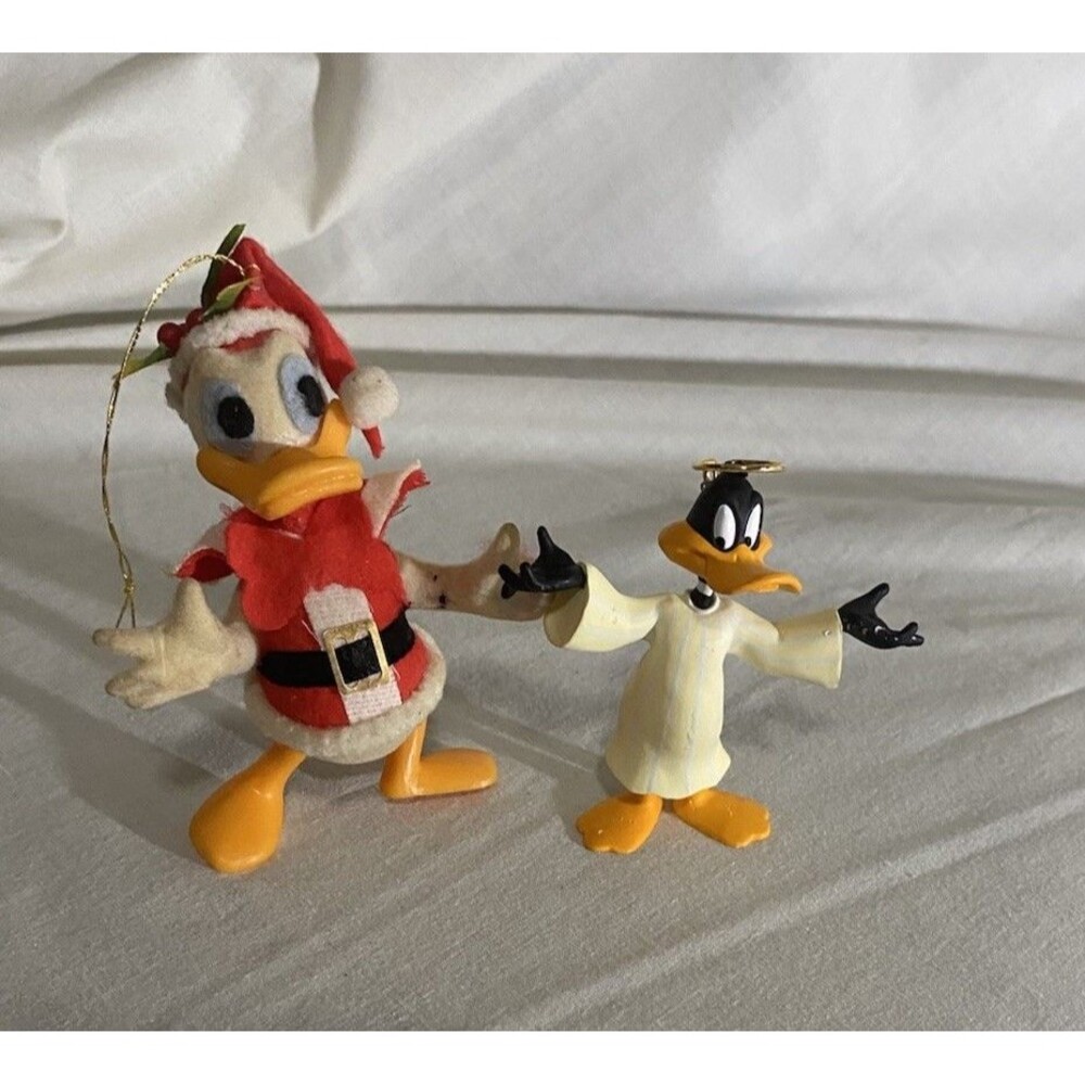 Vintage Disney Donald Duck Santa & 1996 Hallmark Daffy Duck Angel Ornaments